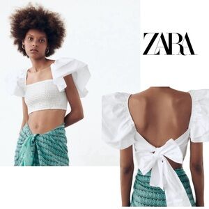 Zara white voluminous ruffle frill sleeve smocked open back crop top back tie L